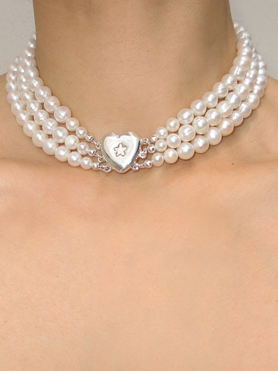 3 ROW STAR HEART PEARL CHOKER 925 sterling silver – Rimor Jewelry