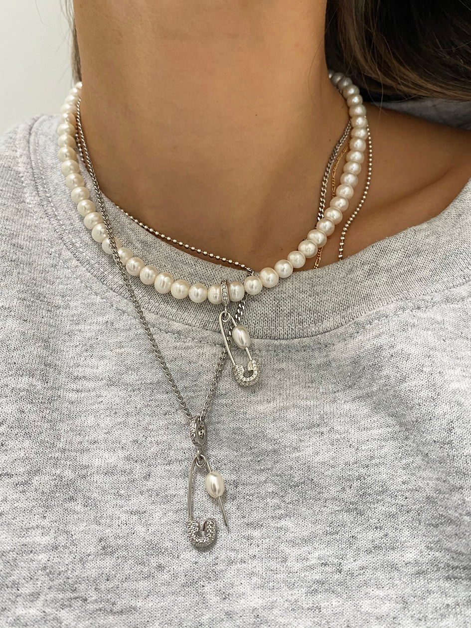 Safety Pin Pearl Choker Necklace