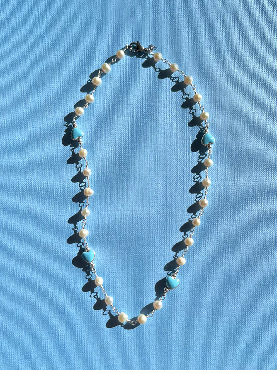 THE BABY BLUE HEART ROSARY PEARL NECKLACE