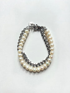 MEDIUM CHAIN X FRESHWATER PEARL BRACELET SET SILVER