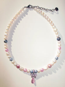 XTRA PINK BOW FRESHWATER PEARL CHOKER
